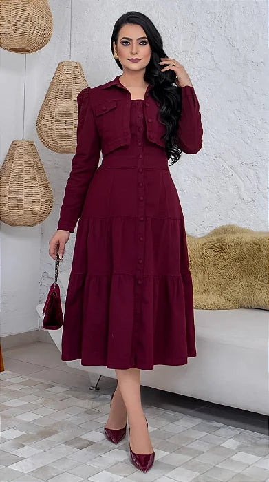 Elegant Tiered Midi Dress and Cropped Jacket Set