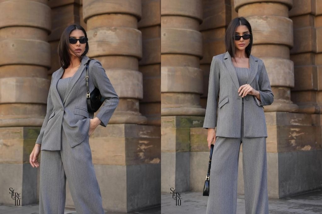 Three-Piece Tailored Blazer and Wide-Leg Trouser Set